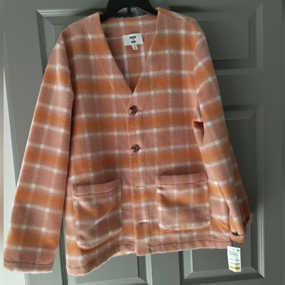 Mode of One Plaid Button Front Cardigan Jacket Pink Orange - Picture 2 of 4